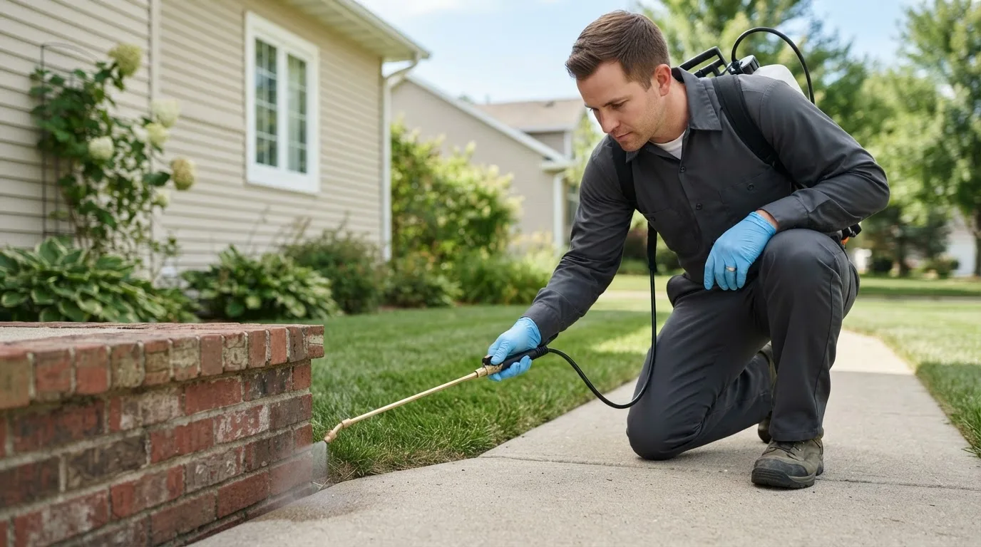 Pest control technician treating a home near Rogers, MN